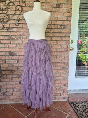 Ruffled Tulle Maxi Skirt sz L Dusky Purple Boho Fairycore